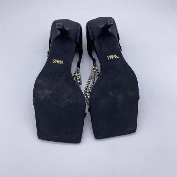 Zara 2020 Cruise Sandals 39 Sparkly Rhinestone Black Leather Square Toe Heels - Picture 13 of 16